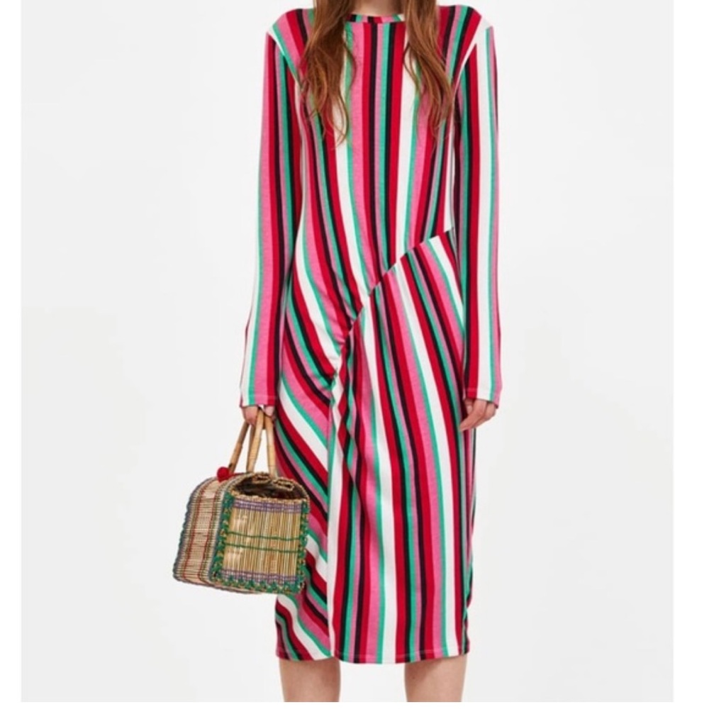 Zara Rainbow Striped Midi Dress Size M Long Sleeve
